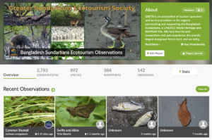 Screenshot of the “Bangladesh Sundarbans Ecotourism Observations” project on iNaturalist, displaying biodiversity data, observation maps, and contributor details.